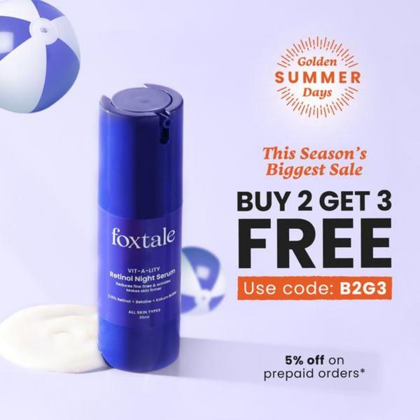 A high-contrast, minimalist promotional graphic for a skincare product highlighting a Buy 2 Get 3 Free offer with a summer theme.